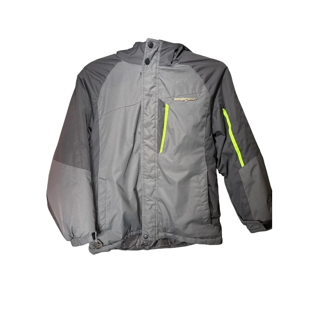 ZeroXposur Boys Gray Neon Green Hooded Ski Jacket Size 7/8 Weather Resistant